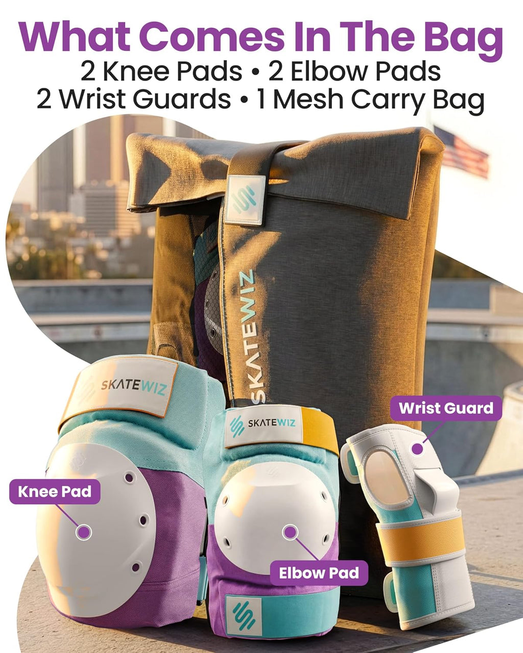 SKATEWIZ Adult Knee Pads, Skate & Skateboarding Wrist Guards for Skating Adult with Elbow Pads - Skateboard Protective Gear - Shield - Size M Lavender Blue - Roller Skates, Inline Skates