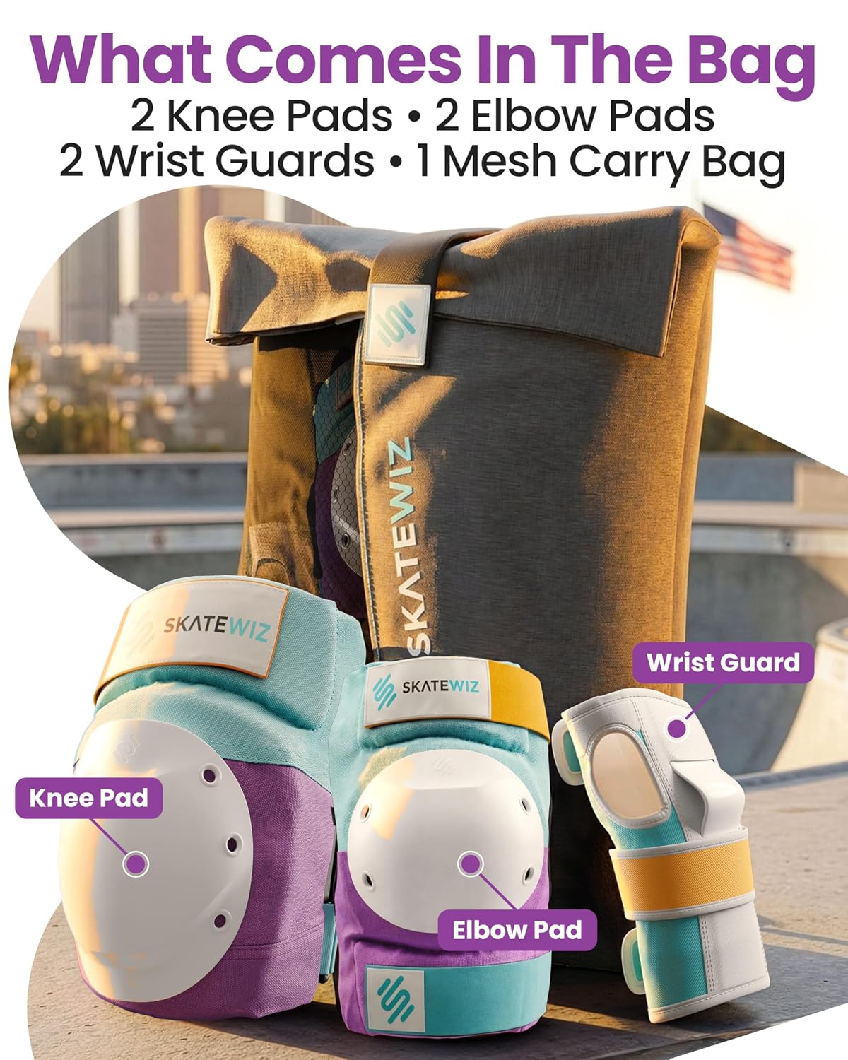 SKATEWIZ Adult Knee Pads, Skate & Skateboarding Wrist Guards for Skating Adult with Elbow Pads - Skateboard Protective Gear - Shield - Size M Lavender Blue - Roller Skates, Inline Skates