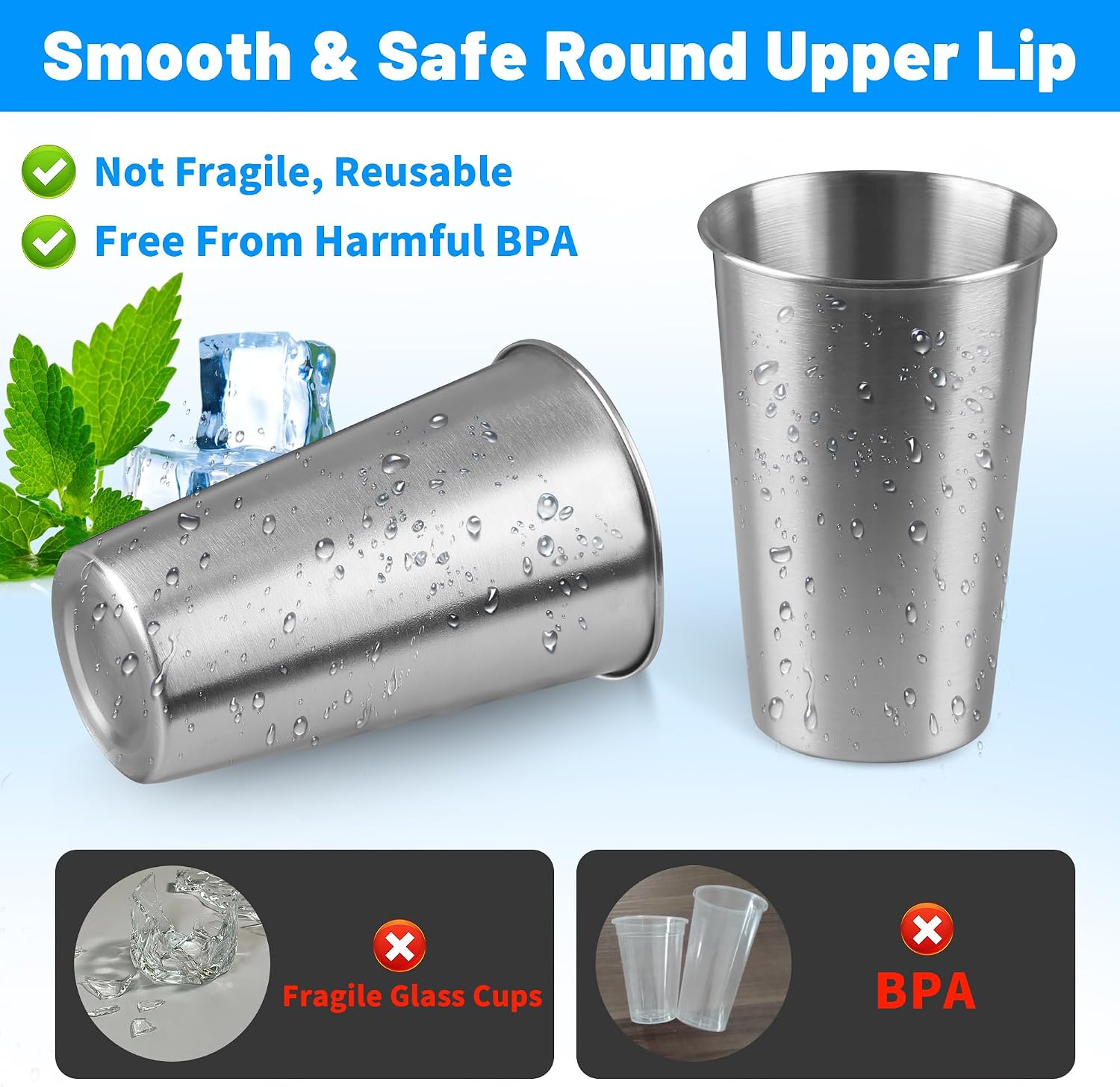 8Pack 16 oz Stainless Steel Pint Cups,Stainless Steel Cup,Pint Cup Tumbler，water Tumbler,Stackable,Reusable,BPA Free, (8)