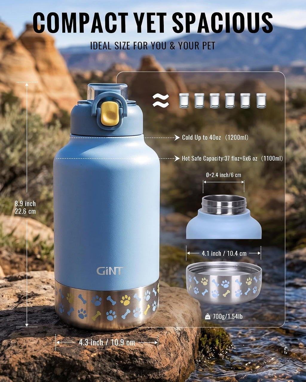 GiNT 37oz / 1.1L Insulated Dog Water Bottle with Carrying Case, (Blue)