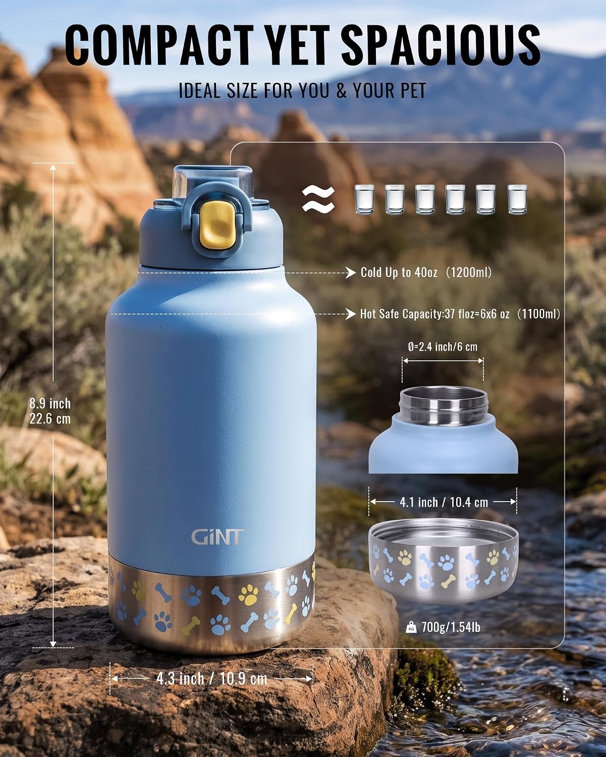 GiNT 37oz / 1.1L Insulated Dog Water Bottle with Carrying Case, (Blue)