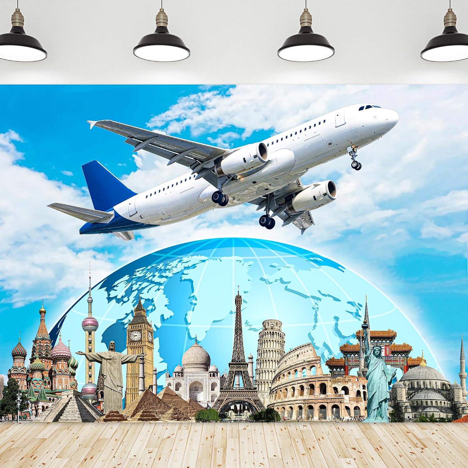 Global Travel Backdrop Airplane World Landmark Photography Background 7x5ft