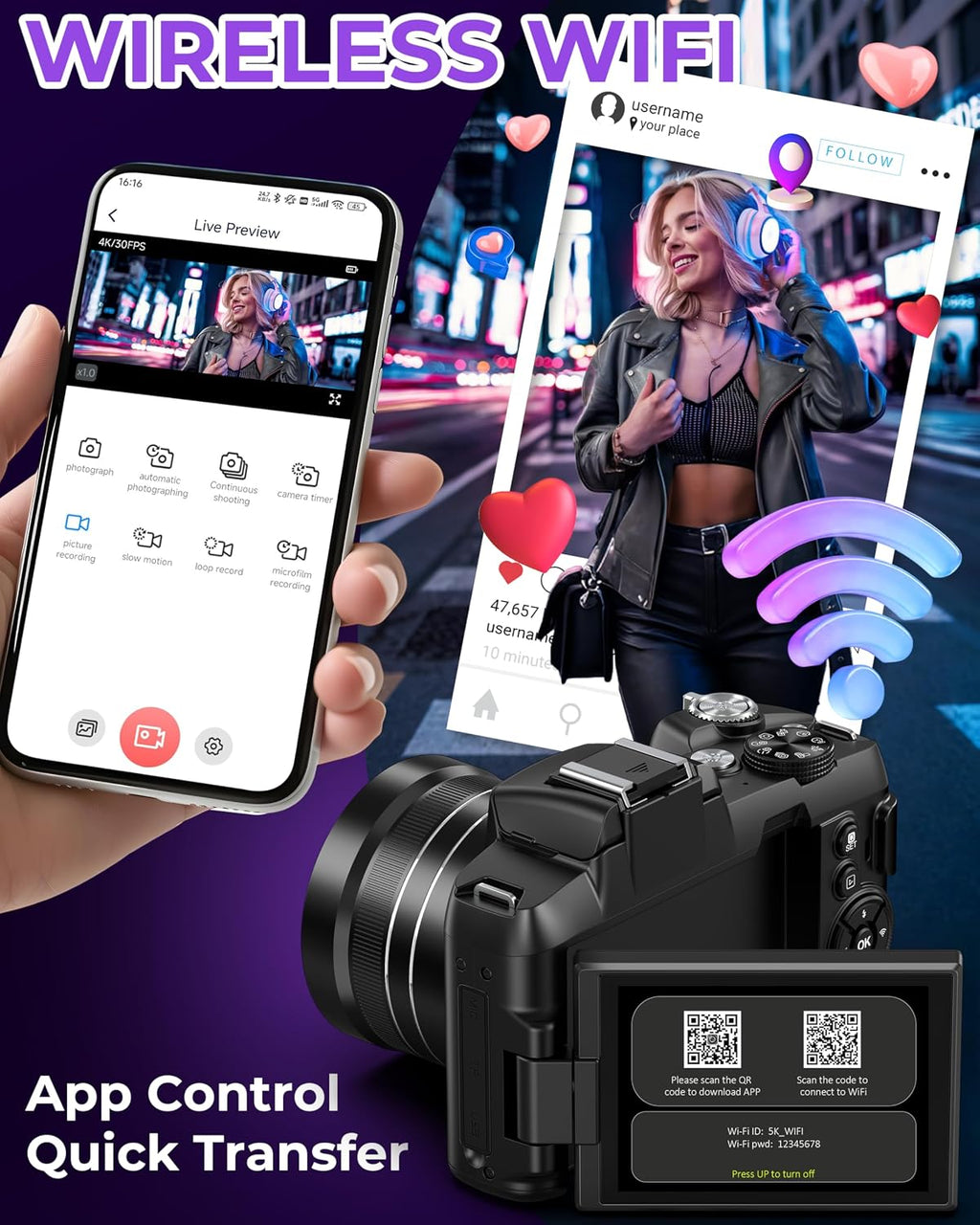 5K Digital Cameras for Photography 80MP WiFi UHD Autofocus Vlogging Camera
