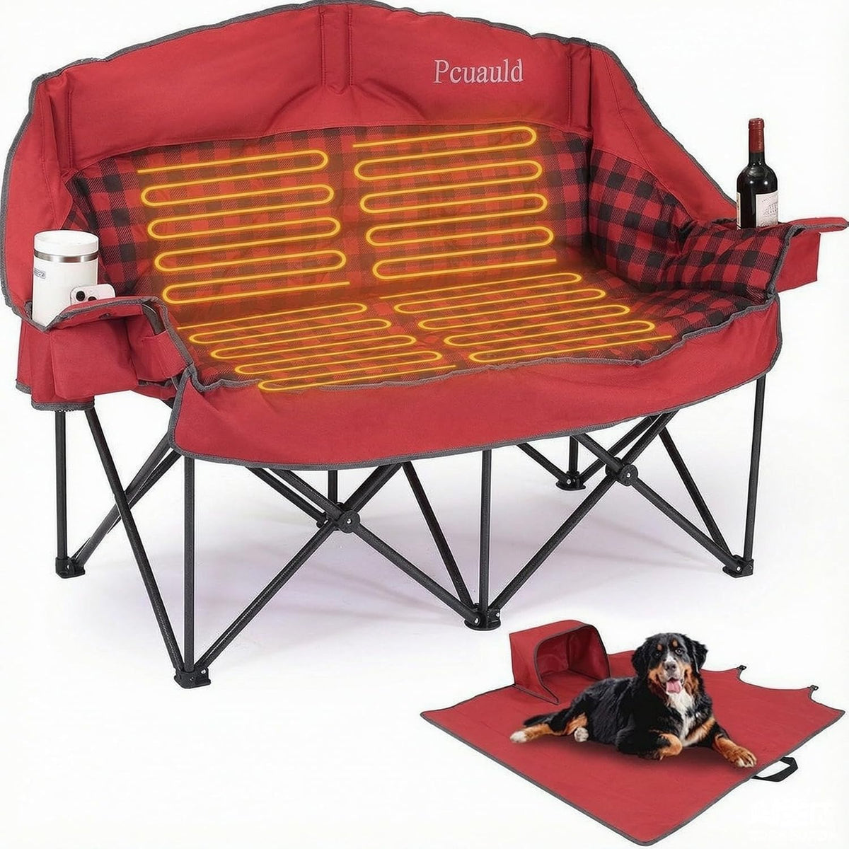 Heated Padded Double Camping Chair with 2 in 1 Carry Bag, 900LBS