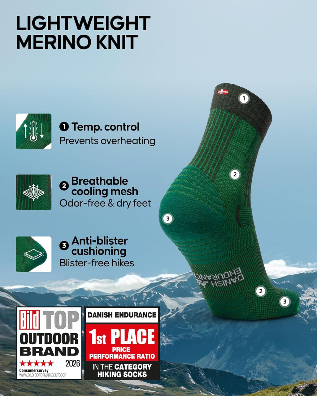 DANISH ENDURANCE Merino Wool Hiking Socks, Lightweight, 3 & 5-Pack