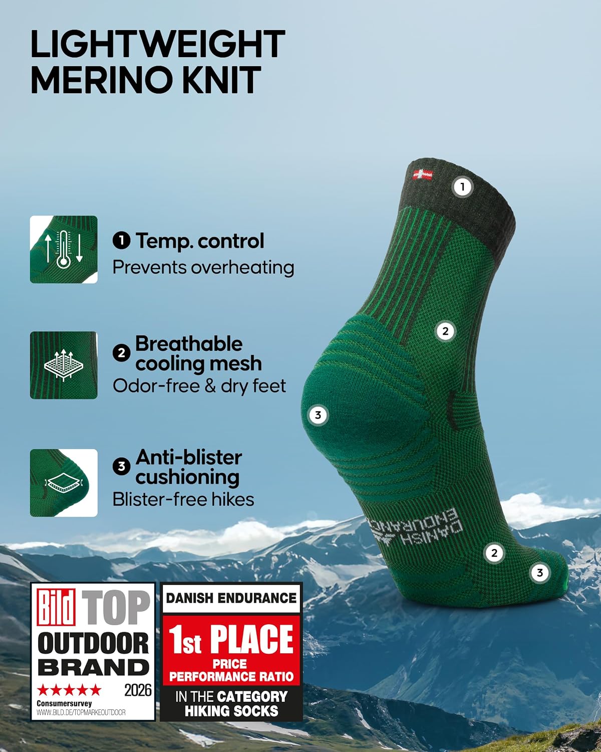 DANISH ENDURANCE Merino Wool Hiking Socks, Lightweight, 3 & 5-Pack