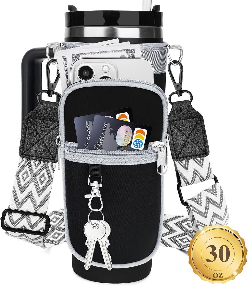 Water Bottle Carrier Bag with Canvas Shoulder Strap for Stanley 30 oz Tumbler with Handle, Water Bottle Holder Pouch with 6.7'' Phone Pocket for Stanley Cup Accessories, Birthday Gifts for Men Women