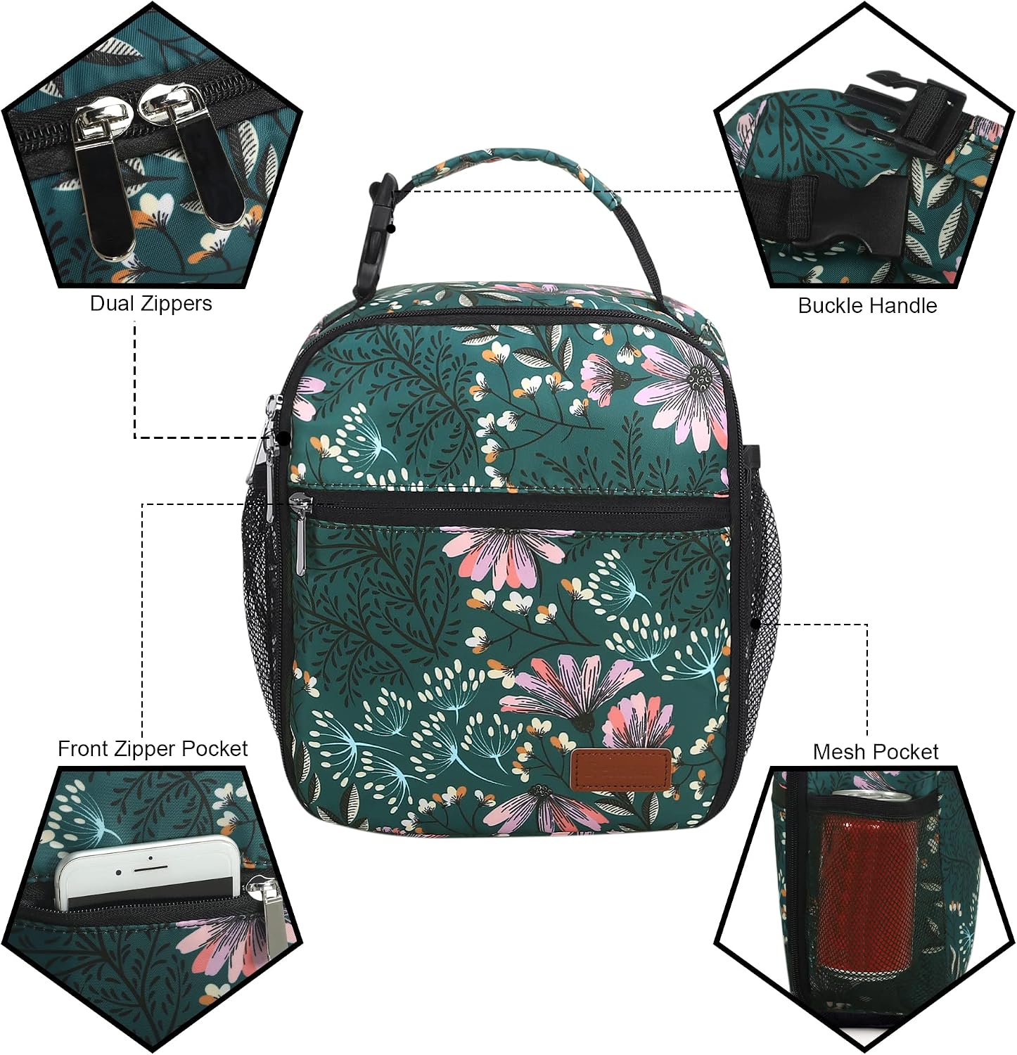 Femuar Lunch Box for Men Women Adults Small Lunch Bag for Office Work Picnic - Reusable Portable Lunchbox, Malachite Green Flower