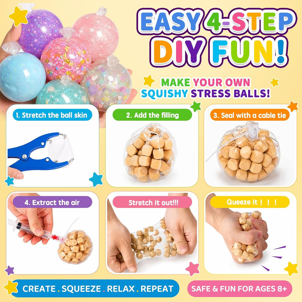 RYOXZEL DIY Stress Ball Making Kit, 12pcs Squishy TPR Ball Skins with 1lb Fillers, Make Your Own Squishies Set, Air Pump & Expander Tool Ties, Fidget Sensory Craft Kit for Stress Relief