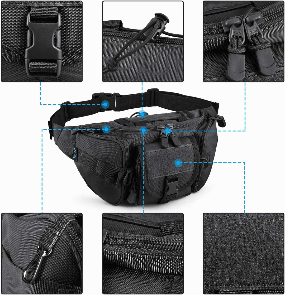 SOWHUP Tactical Fanny Pack,Military Waist Bag Pack with U.S Patch Utility Hip Belt Bumbag for Outdoor Fishing Hiking (Black(5 Zipper Pockets))