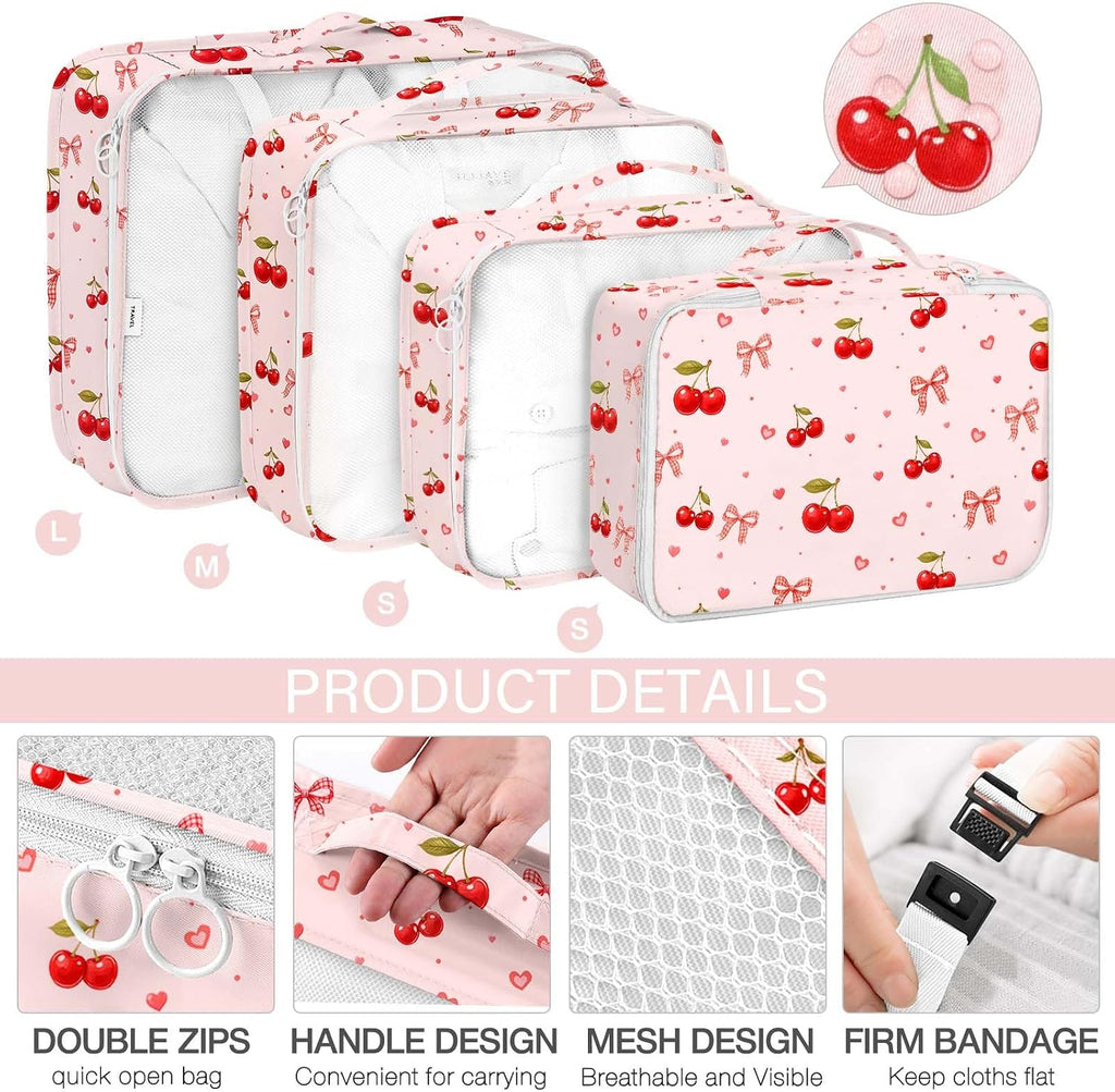 KPX 8 Set Packing Cubes for Travel, Luggage Packing Organizers Accessories Large Toiletries Bag for Clothes Shoes Cosmetics (8Set-Cherry & Bow)