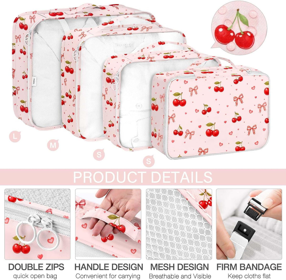 KPX 8 Set Packing Cubes for Travel, Luggage Packing Organizers Accessories Large Toiletries Bag for Clothes Shoes Cosmetics (8Set-Cherry & Bow)