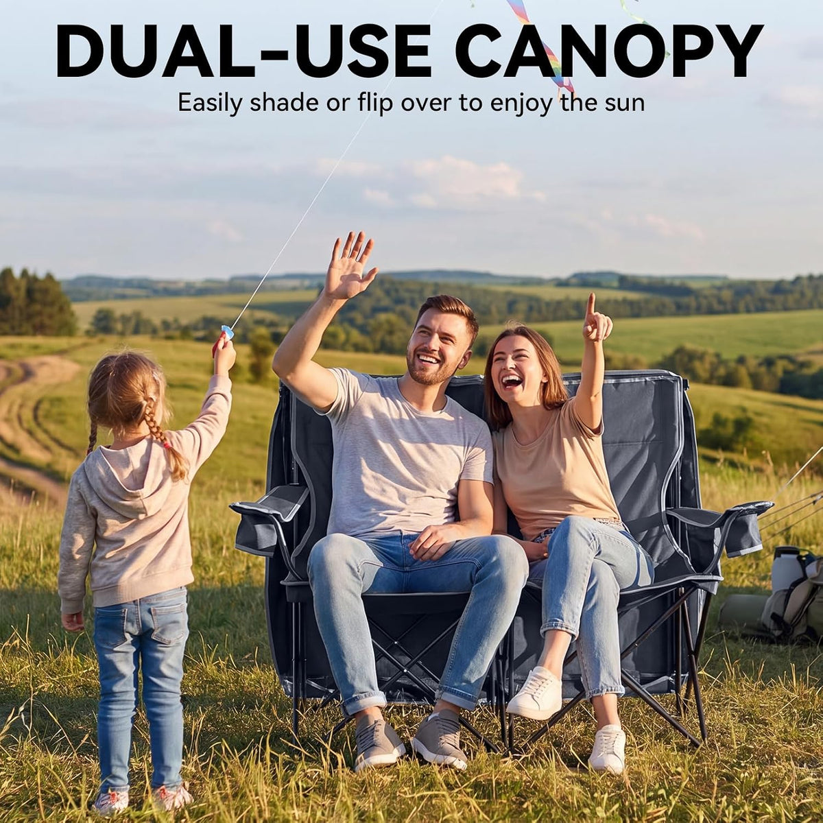 Double Camping Chair with Canopy,2 Person Folding Chair with Canopy, Grey