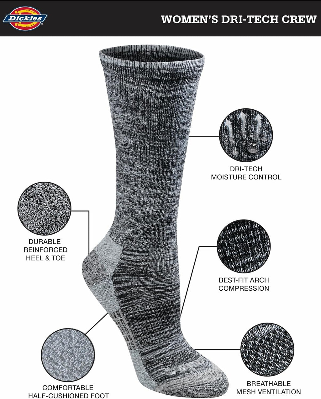 Dickies Women's Dri-Tech Fashion Moisture Control Crew Socks (6, 12 Pairs)