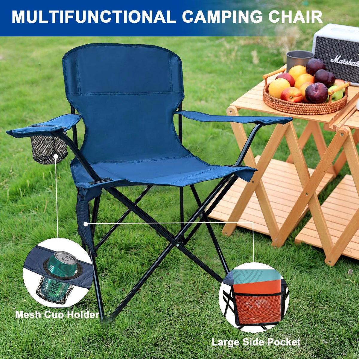 2PCS Folding Camping Collapsible Chairs Heavy Duty Lawn Chair with Cooler Bag, Storage Pocket, Waterproof Bag Outdoor Arm Chair, Supports 225LBS, Cyan