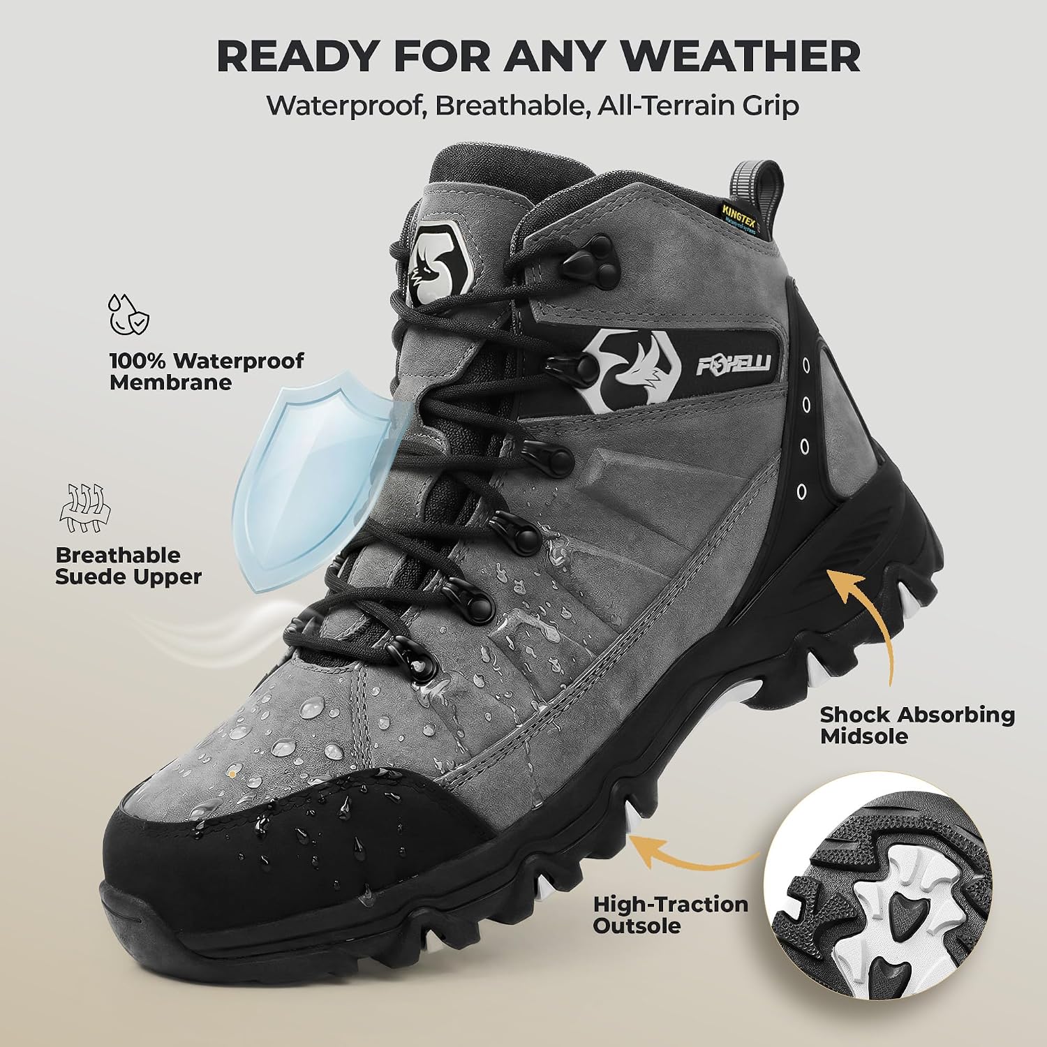 Foxelli Men’s Hiking Boots – Waterproof Breathable & Lightweight Suede Leather Hiking Boots for Men