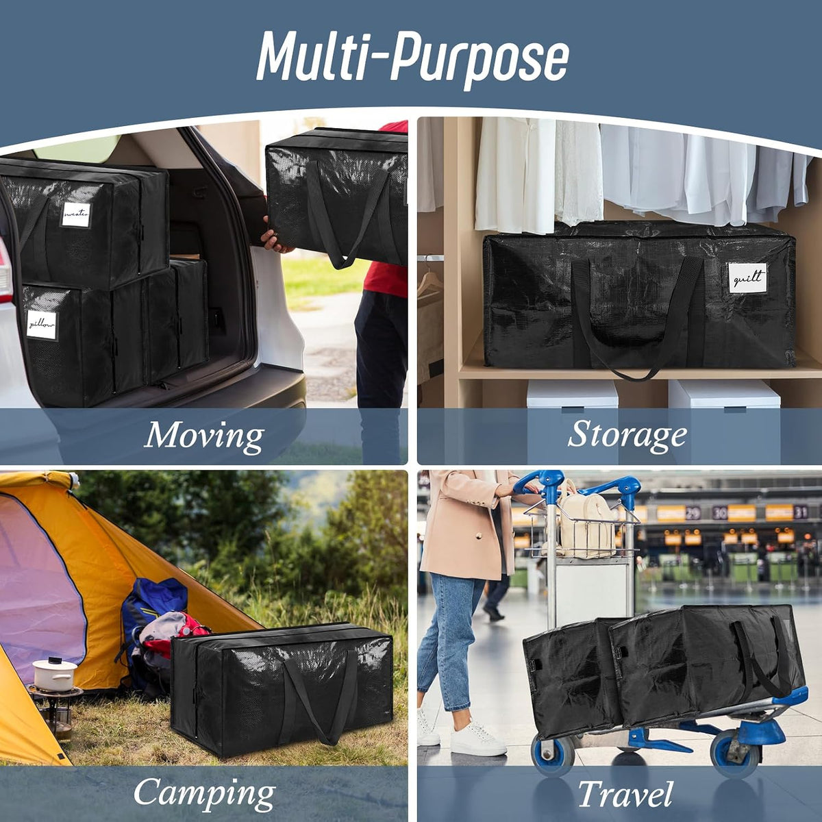 6 Pack Extra Heavy Duty Large Moving Bags with Strong Zipper, Black