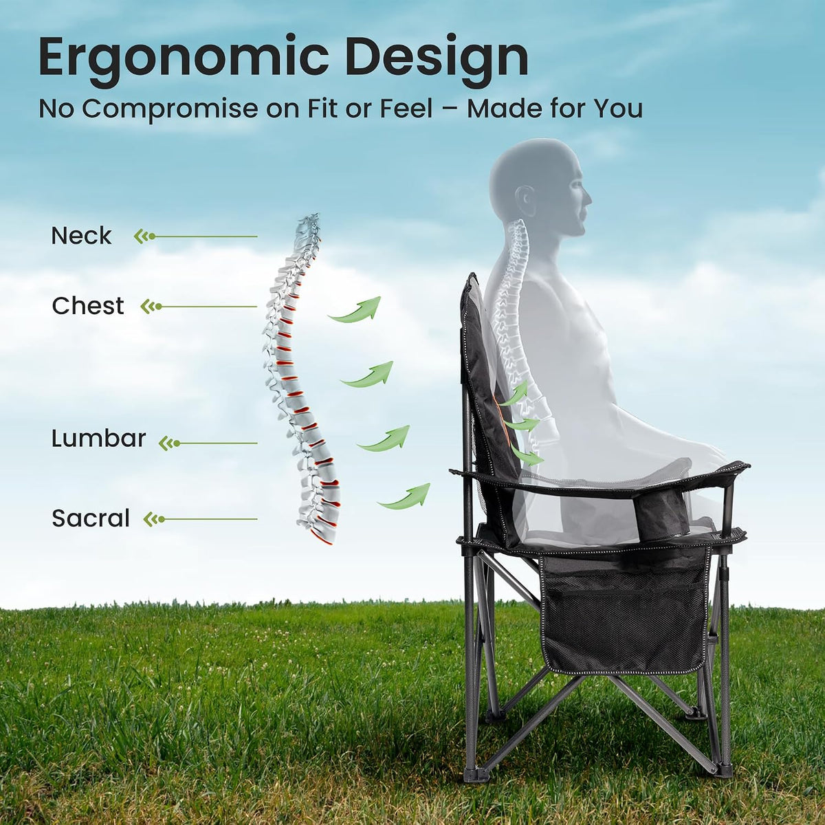 2 Pack Folding Camping Chairs for Adults - High Back Padded Outdoor Lawn Chairs with Lumbar Support & Cup Holder, 500lbs Heavy Duty Portable Camping Chairs Set (Black & Gray, 2 PCS)