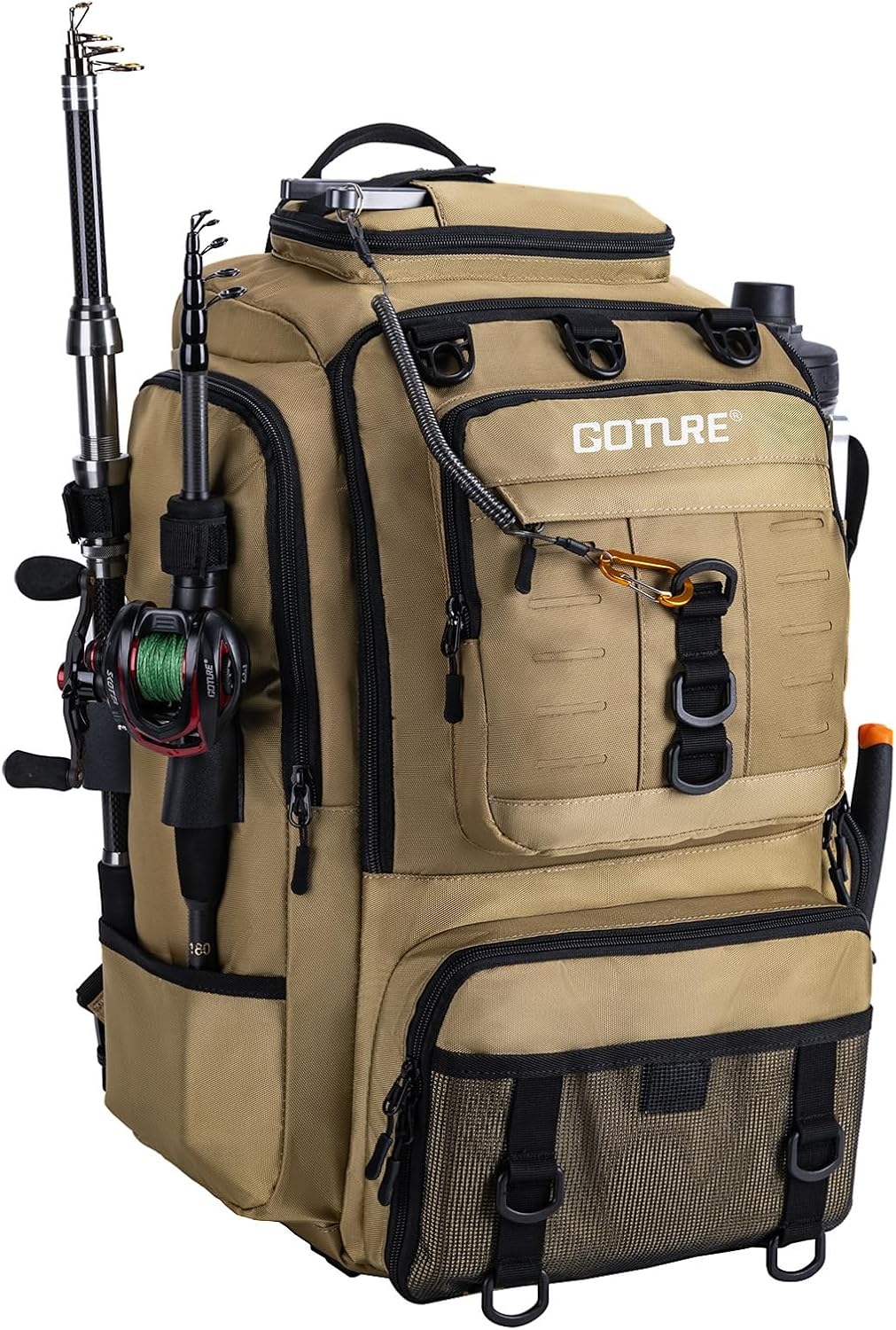 Goture 40L Fishing Tackle Backpack Khaki Water-Resistant Fishing Cooler Bag