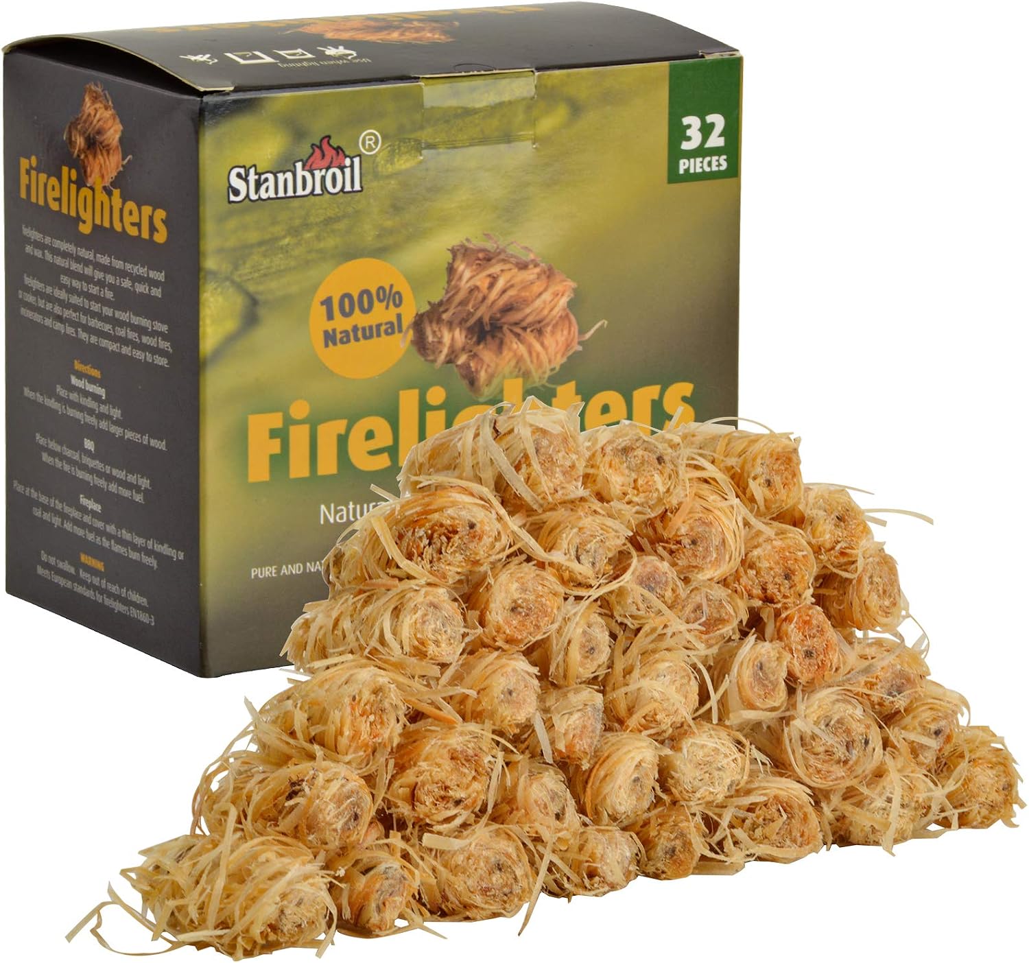 Stanbroil 32 pcs Natural Charcoal Fire Starters Super Fast Lighting
