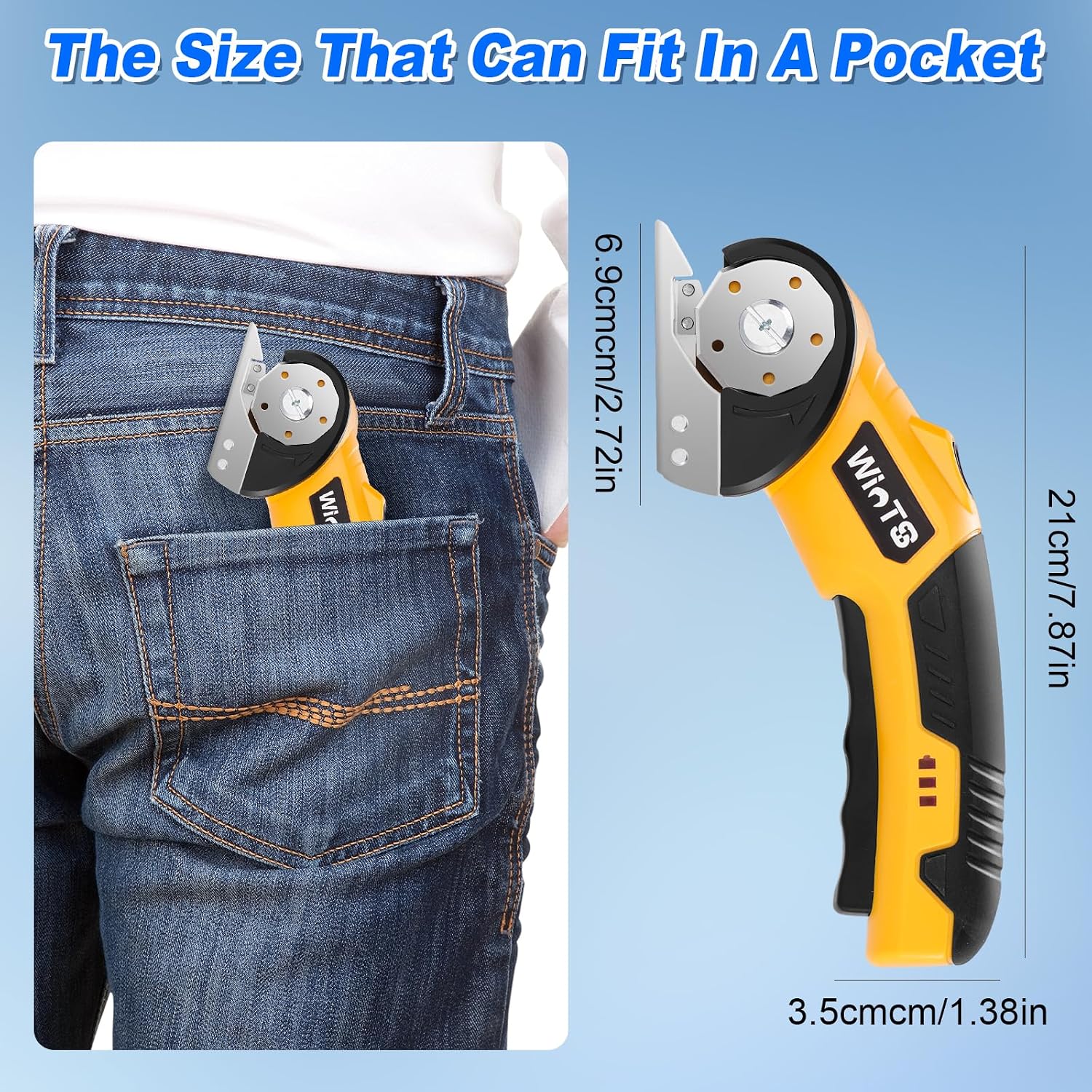 WINTS Cordless Electric Scissors,High-capacity 2000mah Battery 4V Cardboard Cutter with Safety Lock & LED Light, Rechargeable Rotary Cutter for Box Carpet Plastic Fabric With 2 Blades (Yellow)