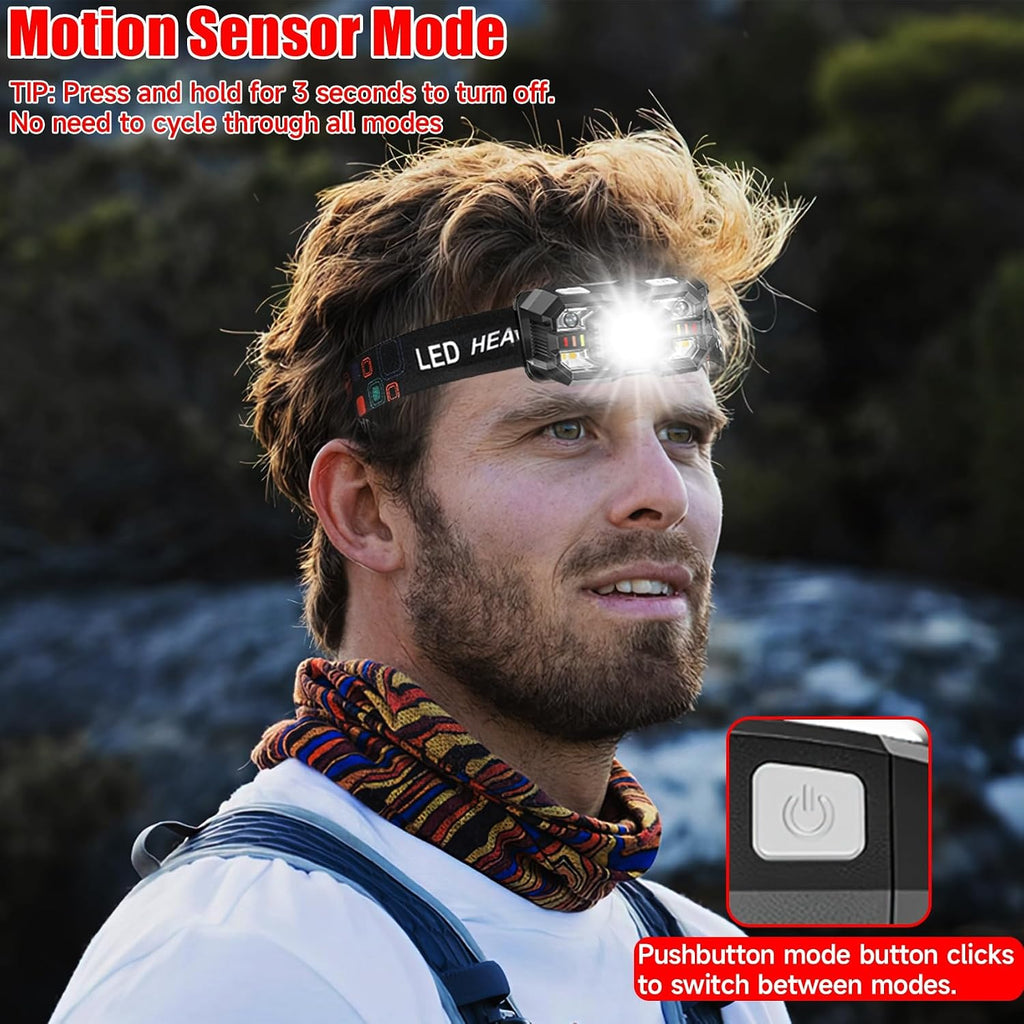 Headlamp Rechargeable 6Pack, 3000 Lumen Ultra-Light Bright Headlamp Flashlight with White Red Light, LED Headlight Motion Sensor, 5+5 Mode for Outdoor Camping Fishing Running Hiking (6)