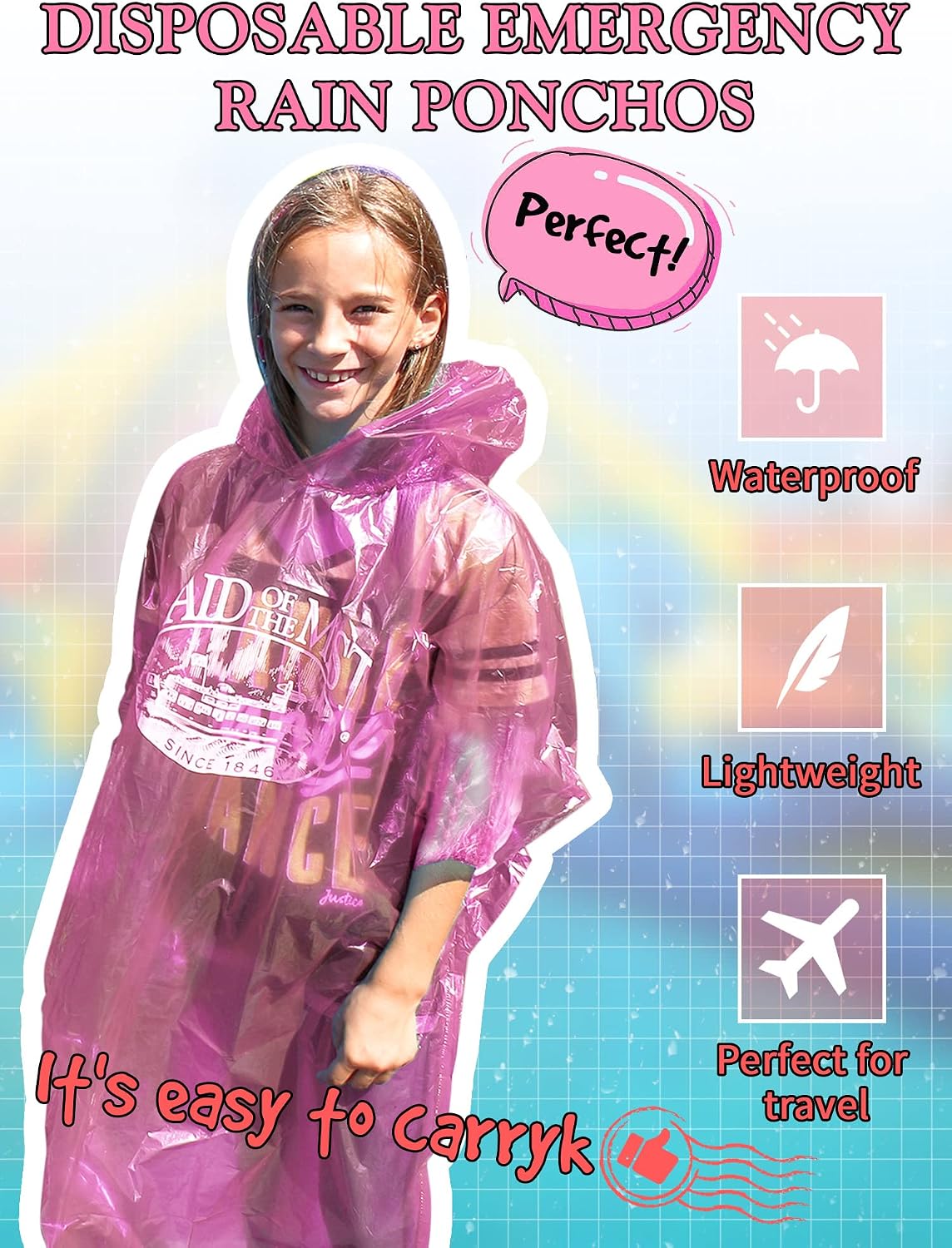 Tarpop 40 Pack Disposable Rain Ponchos Adult Drawstring Hood