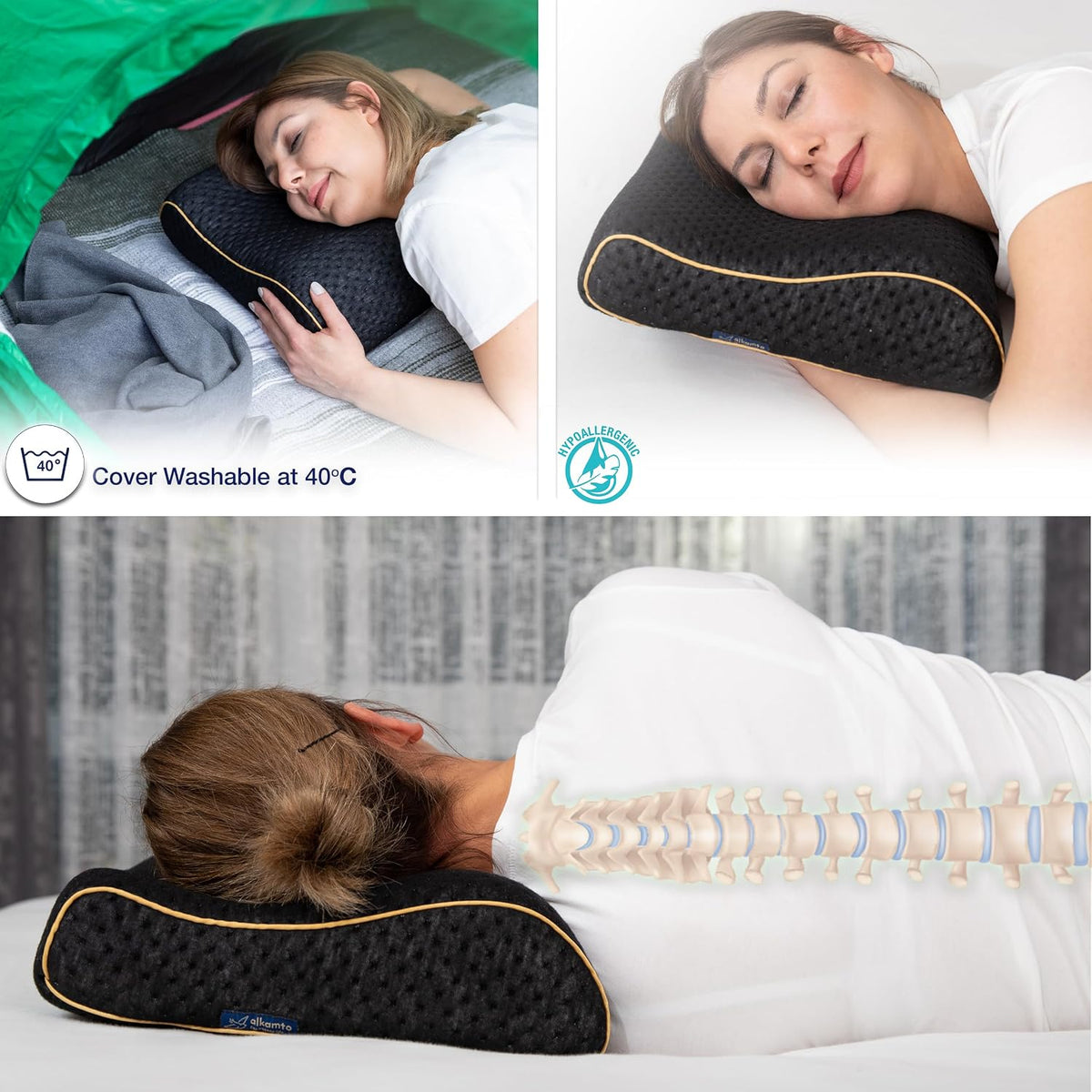 alkamto Travel & Camping Comfortable Memory Foam Pillow – Easy to Carry Portable Bag – Temperature Regulating Pillow Case (Black Contour)