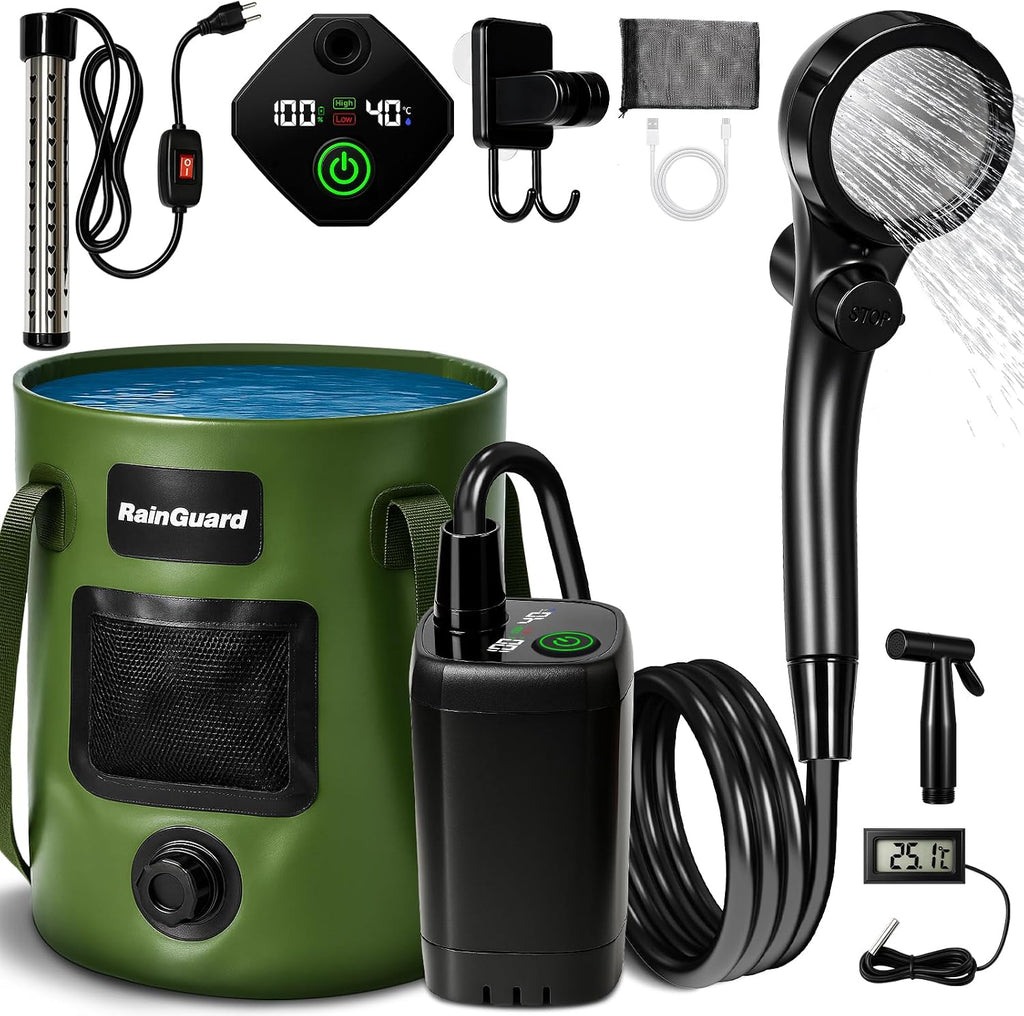 Portable Shower for Camping, 6000mAh Rechargeable Camp Shower Pump with Large Capacity Foldable Bucket, Filtered Shower Head, Outdoor Camping Shower Kit for Travel, Pet Bath, Car Washing
