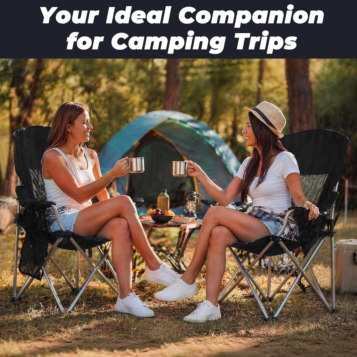 HULKFIT 2 Pack Folding Camping Chair – Heavy Duty Portable Outdoor Beach Chair for Adults with Breathable Mesh Back, Cup Holder & Carry Bag – Ideal for Backyard, Tailgating, Hiking & Travel,Black