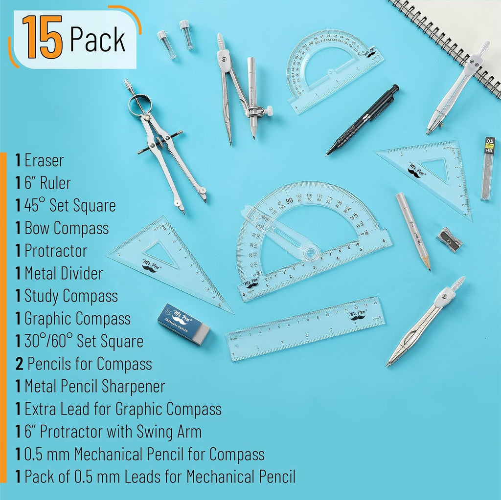 Mr. Pen- Geometry Set, 15 pcs, Light Grey, 6 Inch Swing Arm Protractor