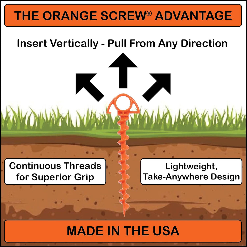 Orange Screw Ultimate Ground Anchors: Heavy Duty Screw-in Tent Stakes for High Wind, Sand, Canopies, and Camping - Made in USA, 100% Recycled, Included T-Grip Tool - (Small, 4 Pack)