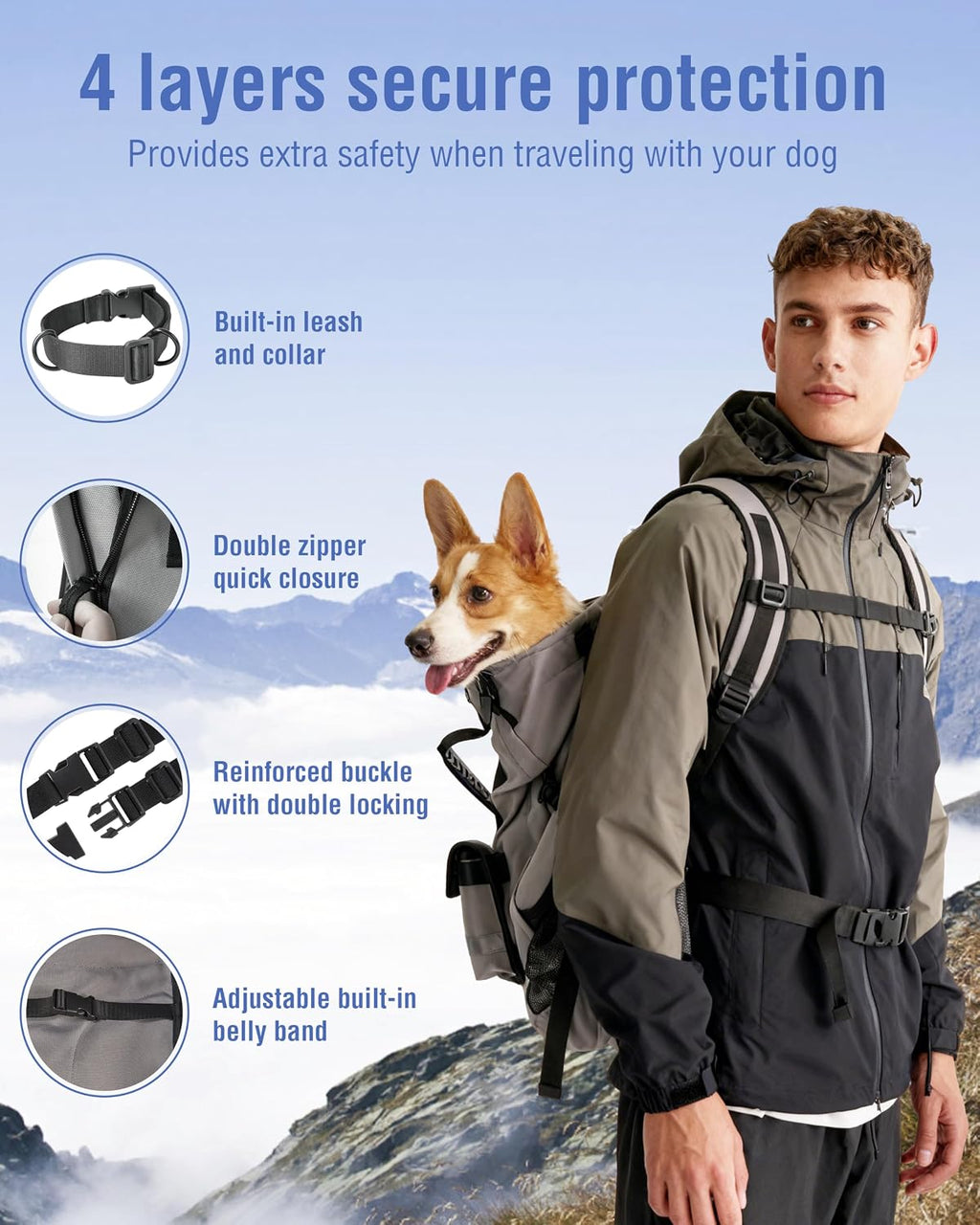 Dog Backpack Carrier for Small and Medium Dogs with Detachable Waist Bag（S）