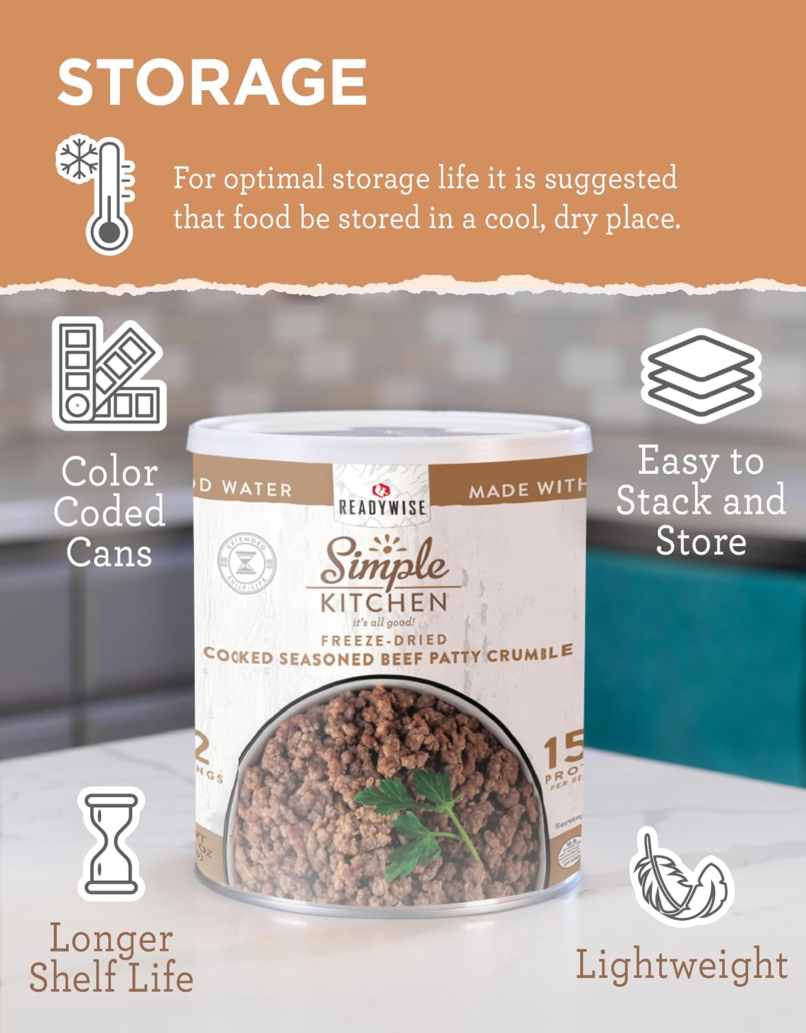 SIMPLE KITCHEN Freeze Dried Ground Beef #10 Can, 22 Servings, Camping Food