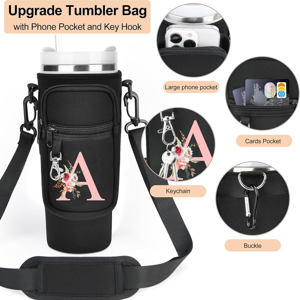 Initial Water Bottle Holder with Strap for Stanley Cup Accessories 40 oz/Simple Modern Tumbler, Birthdays for Women Girls, Water Bottle Carrier Bag with Phone Pocket,Hiking Walking Gym Camping