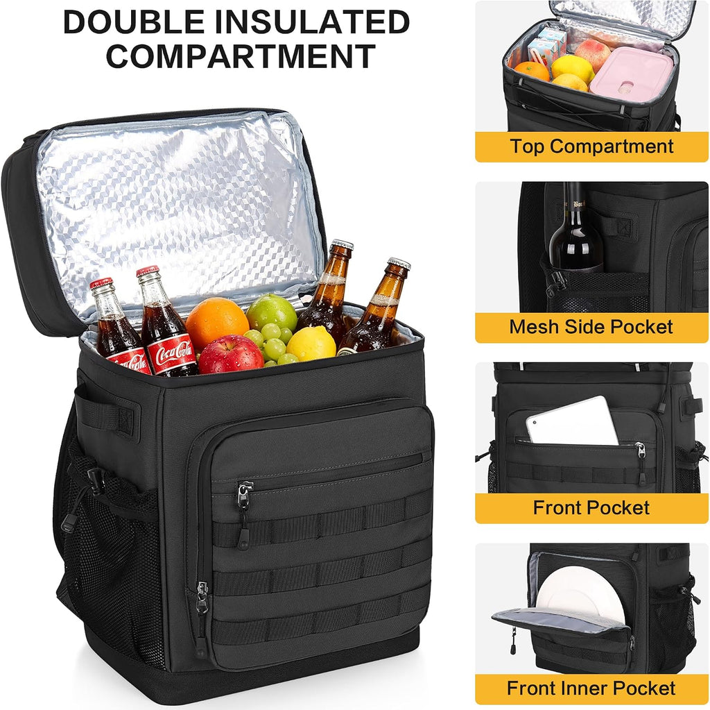 Tactical Backpack Cooler, Soft Insulated Leakproof Cooler Backpack for Men Women, 54 Cans Large Double Deck Lunch Bag for Fishing, Beach, Camping, Travel (Black)