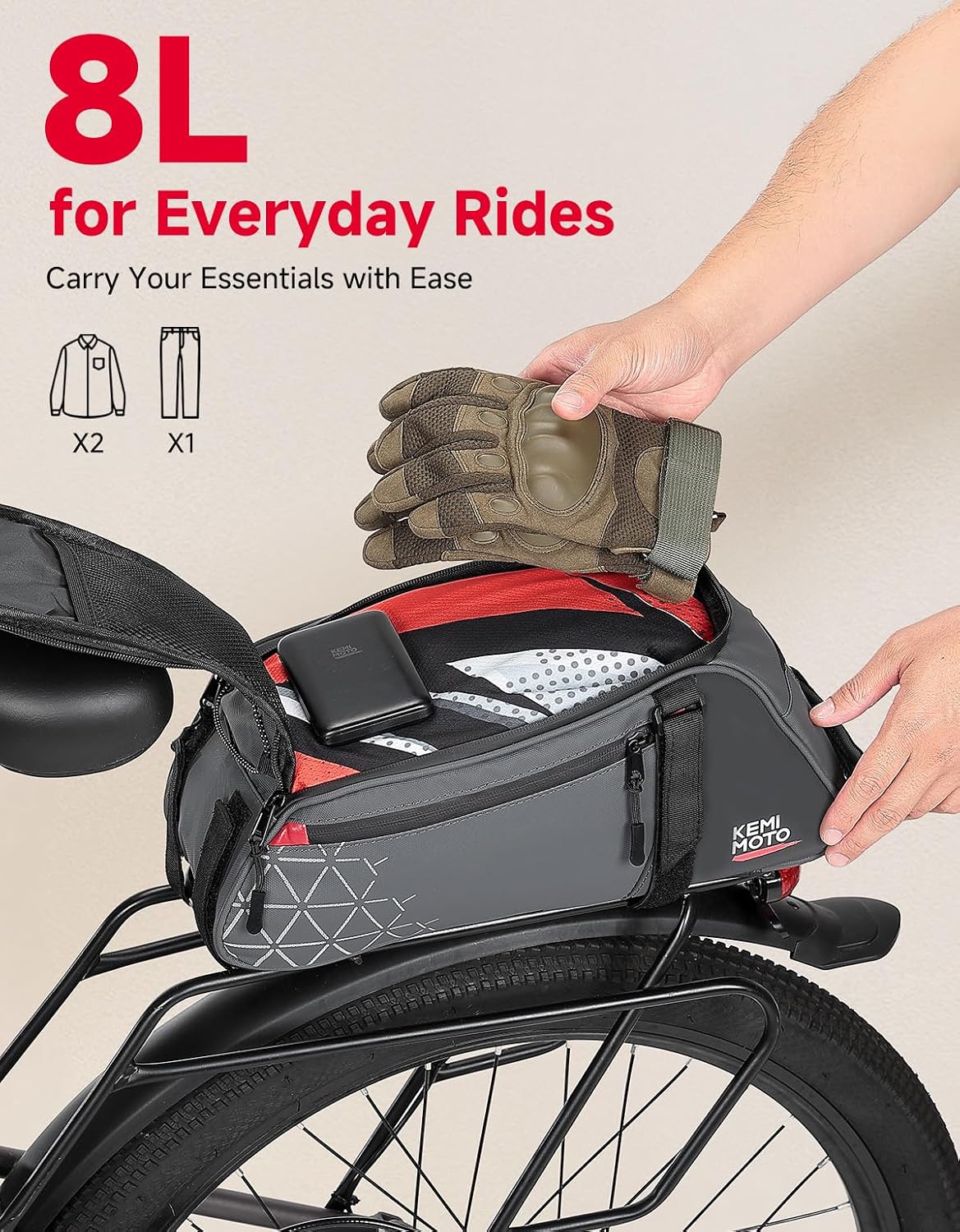 KEMIMOTO Rear Bike Rack Bag - 8L PVC Water Resistant Ebike Bags for Bicycle