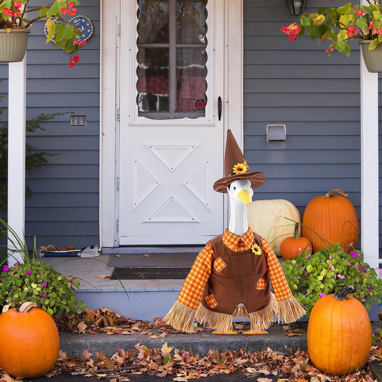 DECOHS 2 Pcs/Set Scarecrow Porch Goose Outfits, Fall Thanksgiving Lawn Goose Statue Scarecrow Costume, Garden Goose Scarecrows Clothes Hat for 23" Statue Autumn Halloween Outdoor Patio Yard Decoration