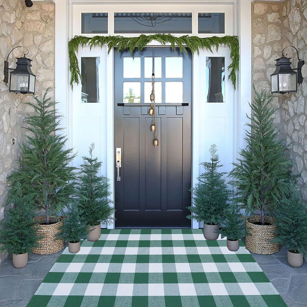 CAINANEL Green and White Buffalo Plaid Outdoor Rug Spring Door Mat Layering Rug Welcome Doormats for Spring Easter Farmhouse Entrance Porch Outdoors Decor