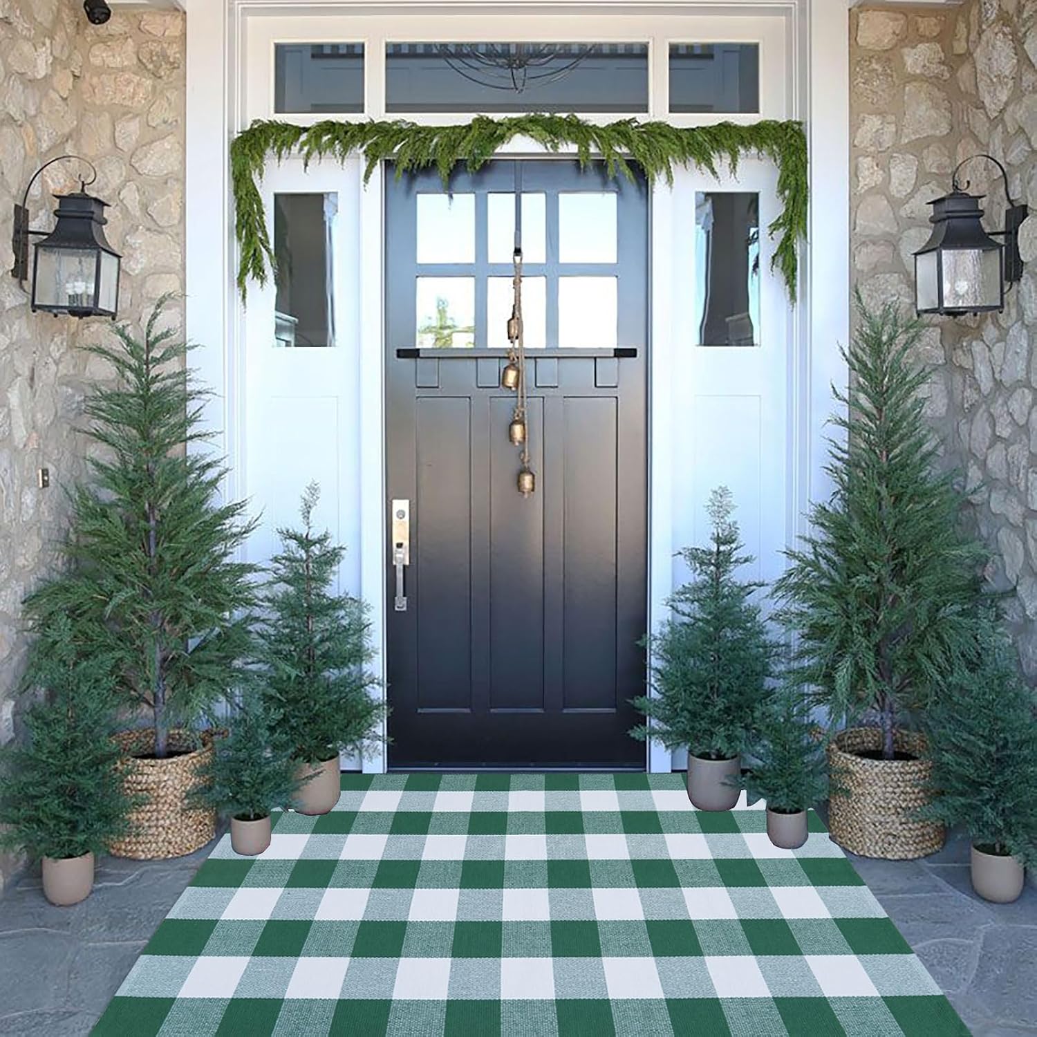 CAINANEL Green and White Buffalo Plaid Outdoor Rug Spring Door Mat Layering Rug Welcome Doormats for Spring Easter Farmhouse Entrance Porch Outdoors Decor