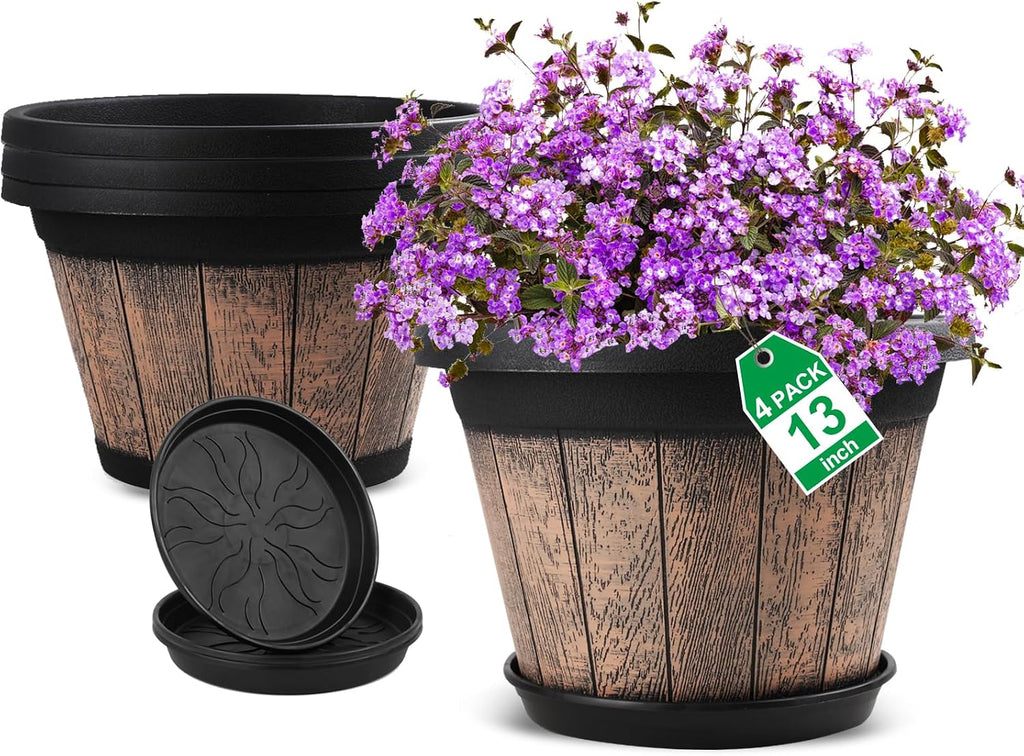 Quarut Large Plastic 3 Pack16 inch Plant Pots,Whiskey Barrel Planters with Drainage Holes & Saucer.Flower Pots Imitation Wine Barrel Design for Indoor & Outdoor Garden Balcony Plants.7 Gallons(Brown)