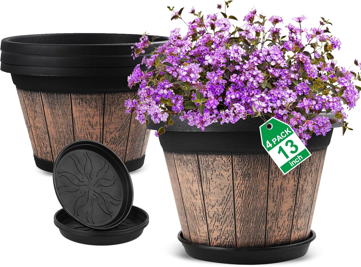 Quarut Large Plastic 3 Pack16 inch Plant Pots,Whiskey Barrel Planters with Drainage Holes & Saucer.Flower Pots Imitation Wine Barrel Design for Indoor & Outdoor Garden Balcony Plants.7 Gallons(Brown)