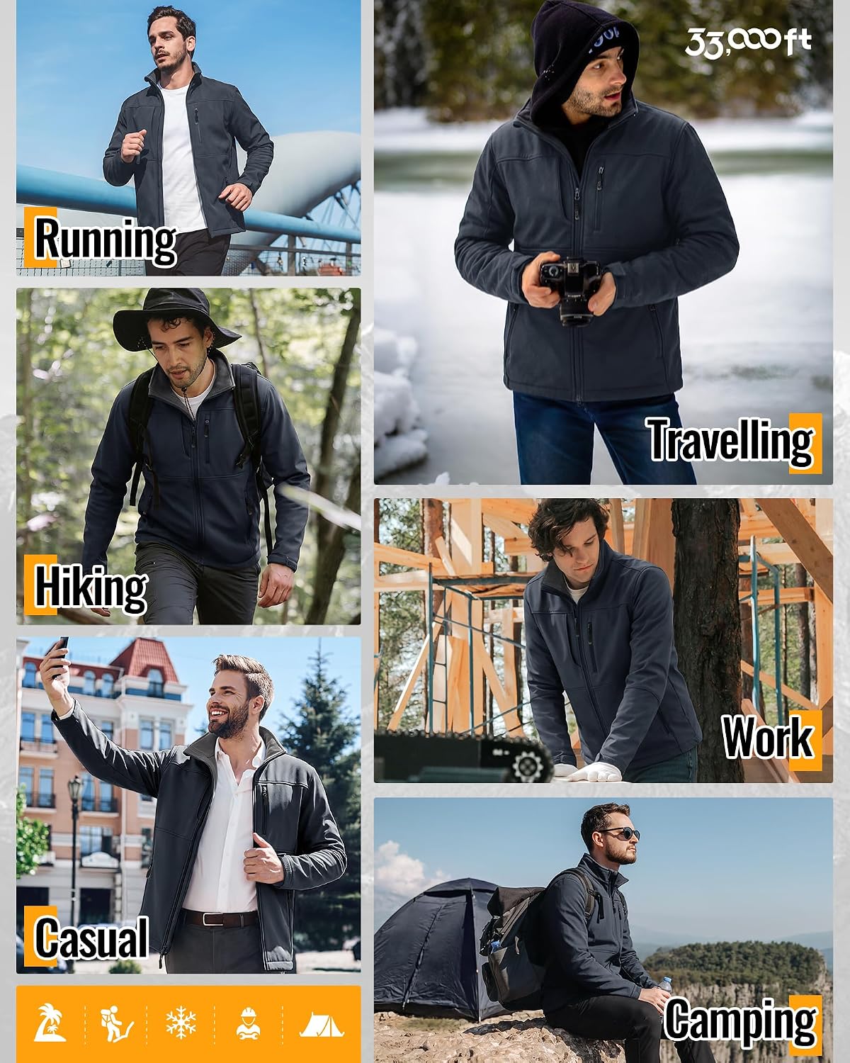 33,000ft Men's Lightweight Softshell Jacket Fleece Waterproof Windbreaker