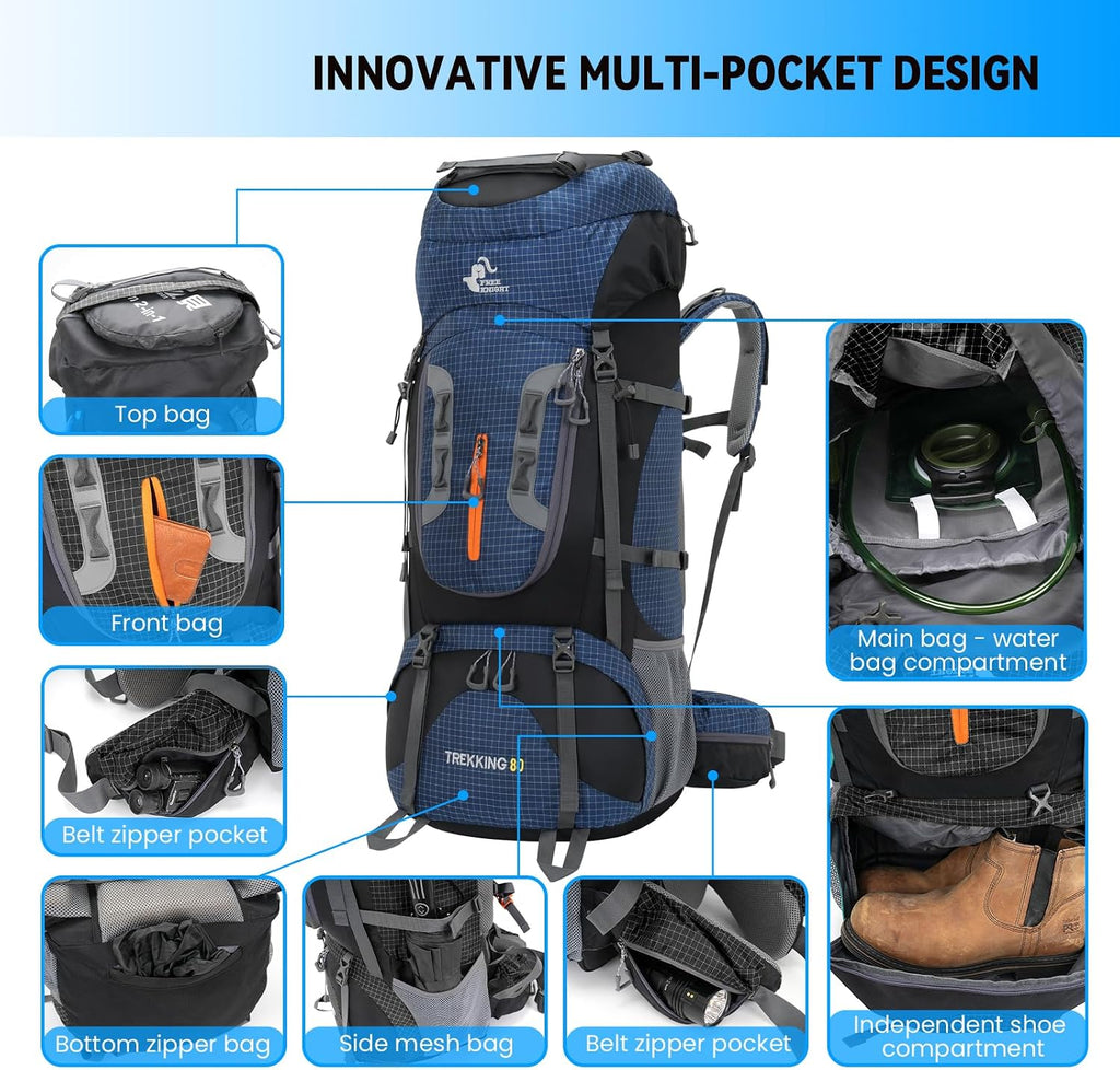Bseash 80L Waterproof Hiking Camping Backpack with Rain Cover, Lightweight Outdoor Sport Travel Daypack for Climbing Touring