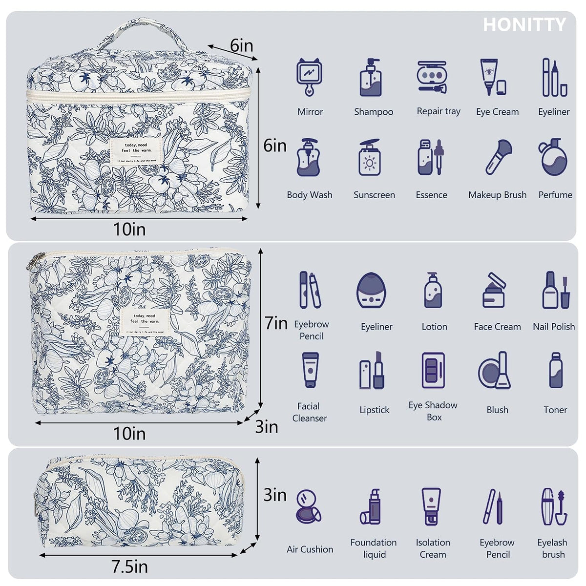 honitty Makeup Bag,Quilted Cosmetic Bags,Large Floral Make Up Organize bag,Makeup Bag Set for Women,Flower Travel Toiletry Bag
