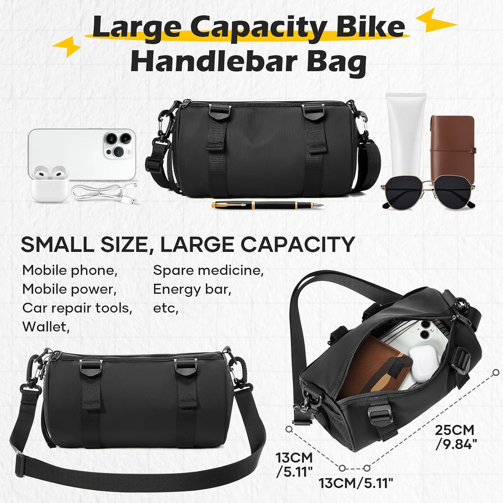 SEAFEW 4L Black Bike Handlebar Bag, Waterproof Bicycle Accessories, Bike Frame Front Pouch with Zipper and Shoulder Strap, Small Mountain Road Bike Barrel Bag