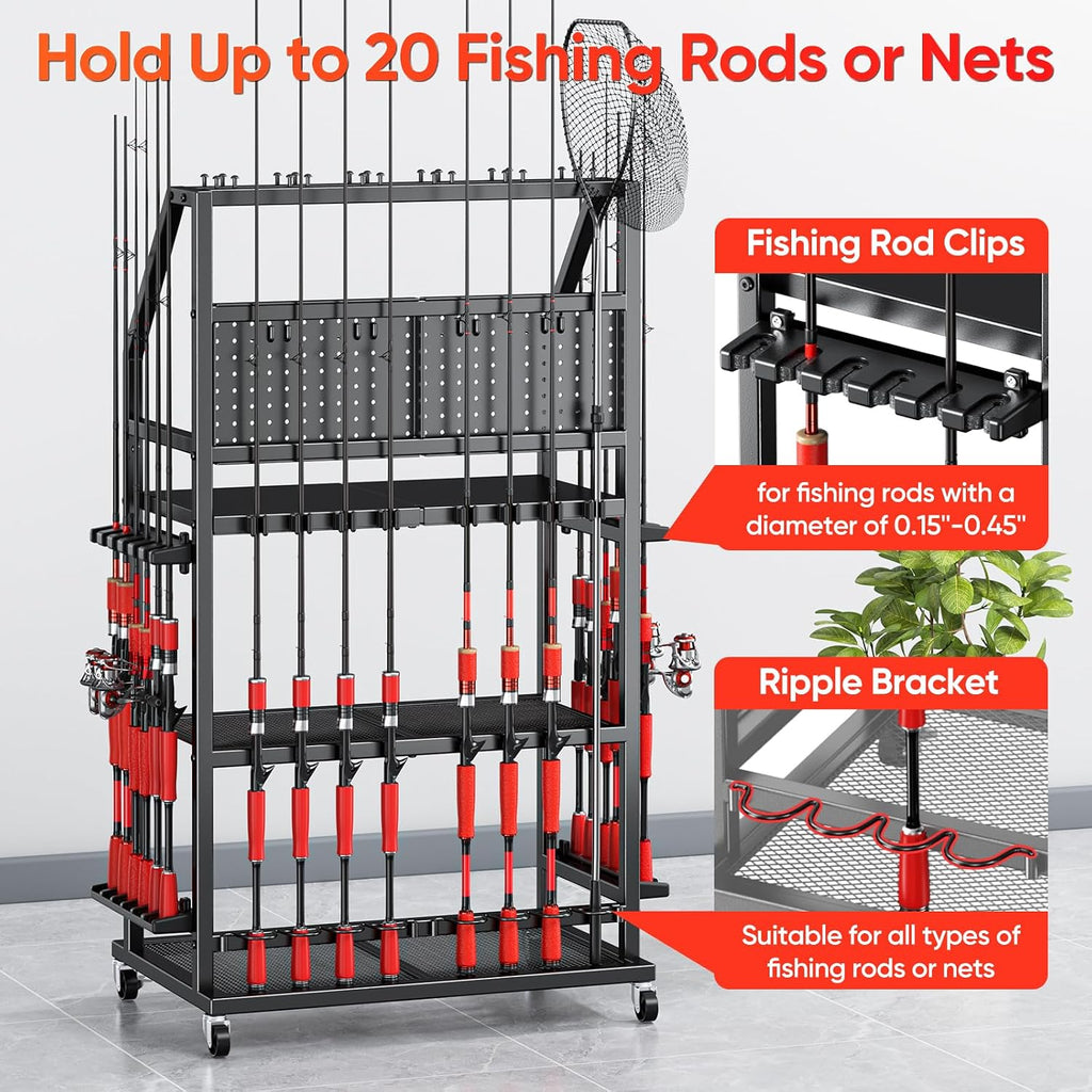 Large Fishing Pole Holders with Wheels for Garage,3 Tier Heavy Duty Metal Fishing Organizer Stand storage 20 Fishing Rod with 4 Hooks and Pegboard for Gear and Equipment Accessories