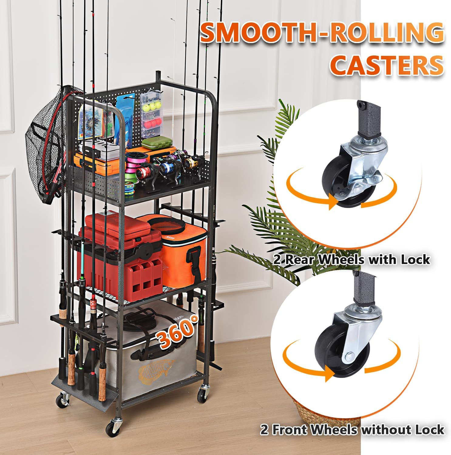 Heavy Duty Fishing Rod Rack, Fishing Organizer for Garage, Fishing Gear Holder for Garage with Movable Wheels