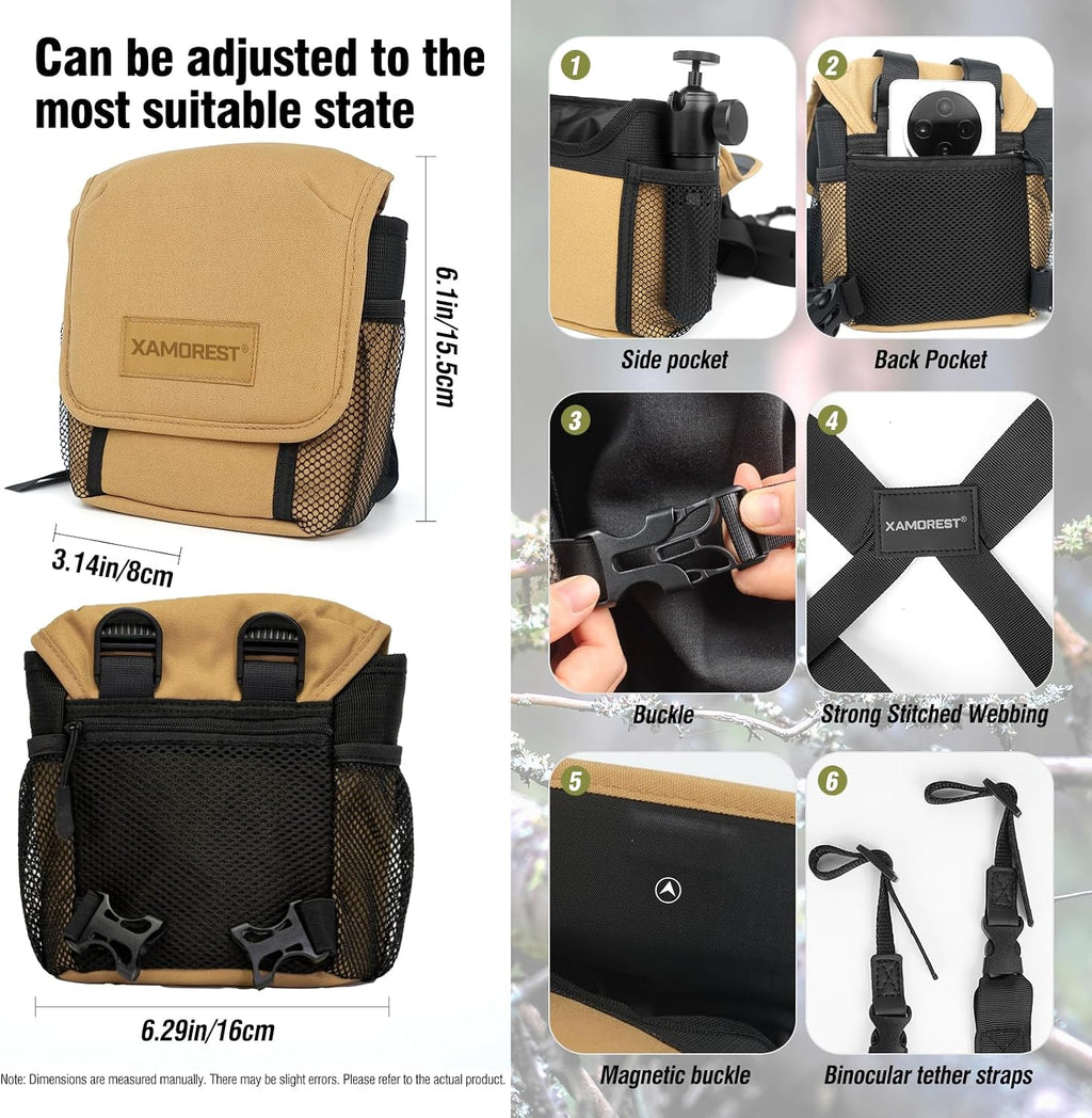 Universal Binocular Case, Binocular Harness for Hunting Case with Adjustable Shoulder Straps 2 Mesh Pockets for Hiking, Hunting, Backpacking, Outdoor Travel （Khaki）