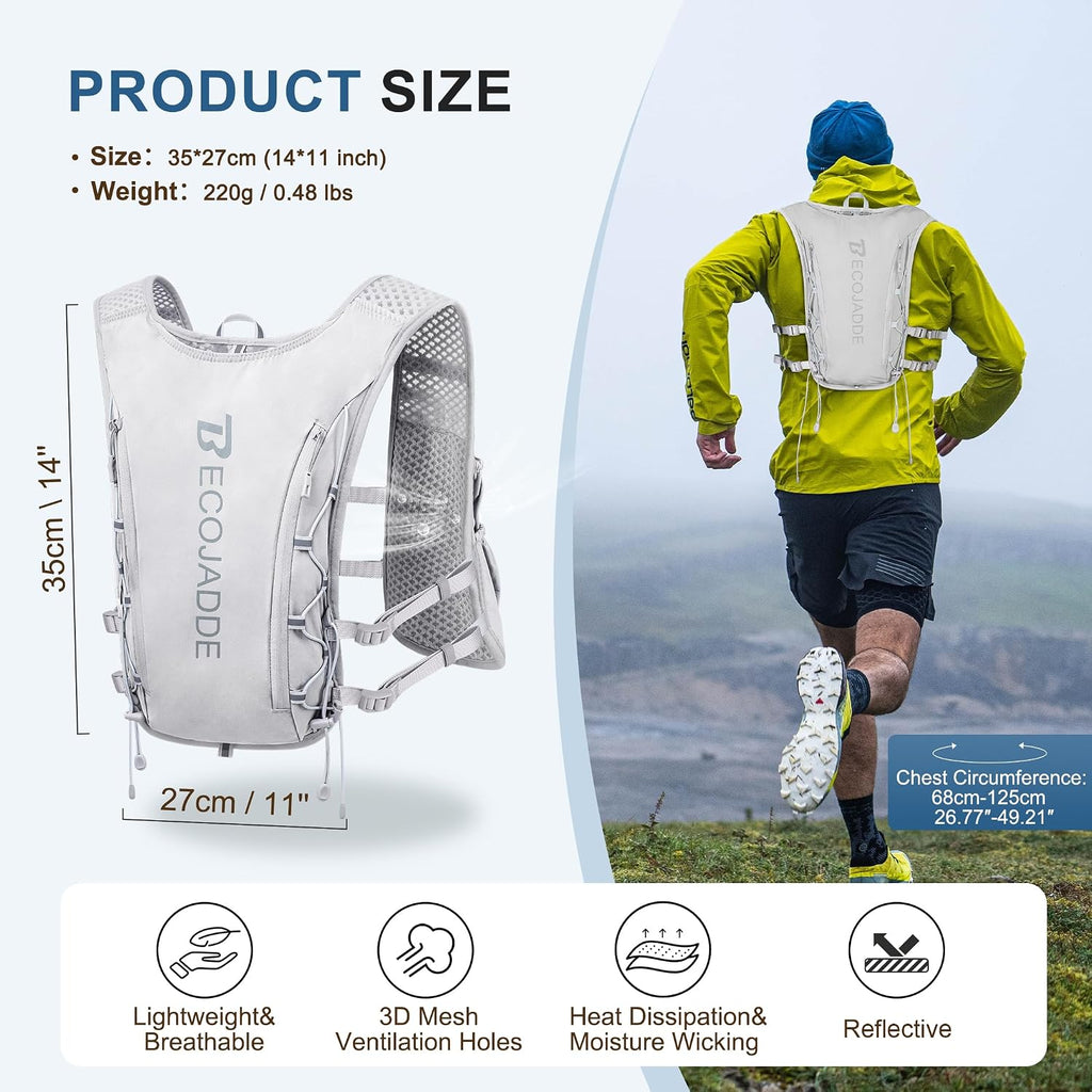 BECOJADDE Running Vest for Women Men, 5L/6L Lightweight Hydration Backpack Running Pack for Marathon, Trail, Cycling, Hiking, Jogging